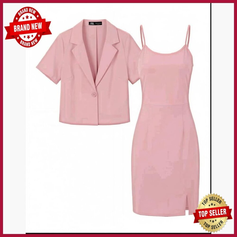 Cropped Blazer Dress Suit Set, Stretch Polyester, Office Work Professional